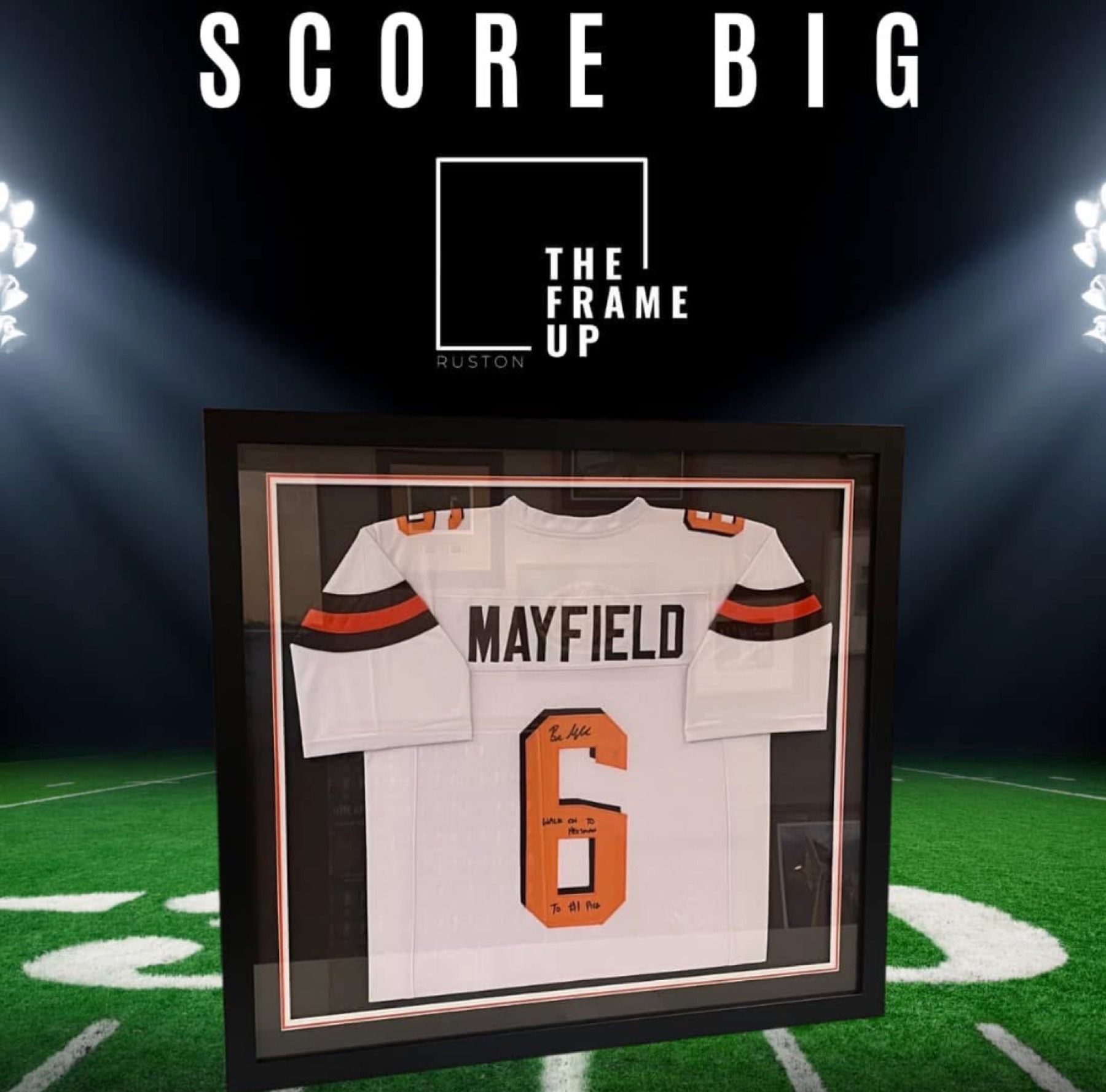 Custom-framed signed Baker Mayfield Cleveland Browns jersey shadowbox by The Frame Up in Ruston, Louisiana