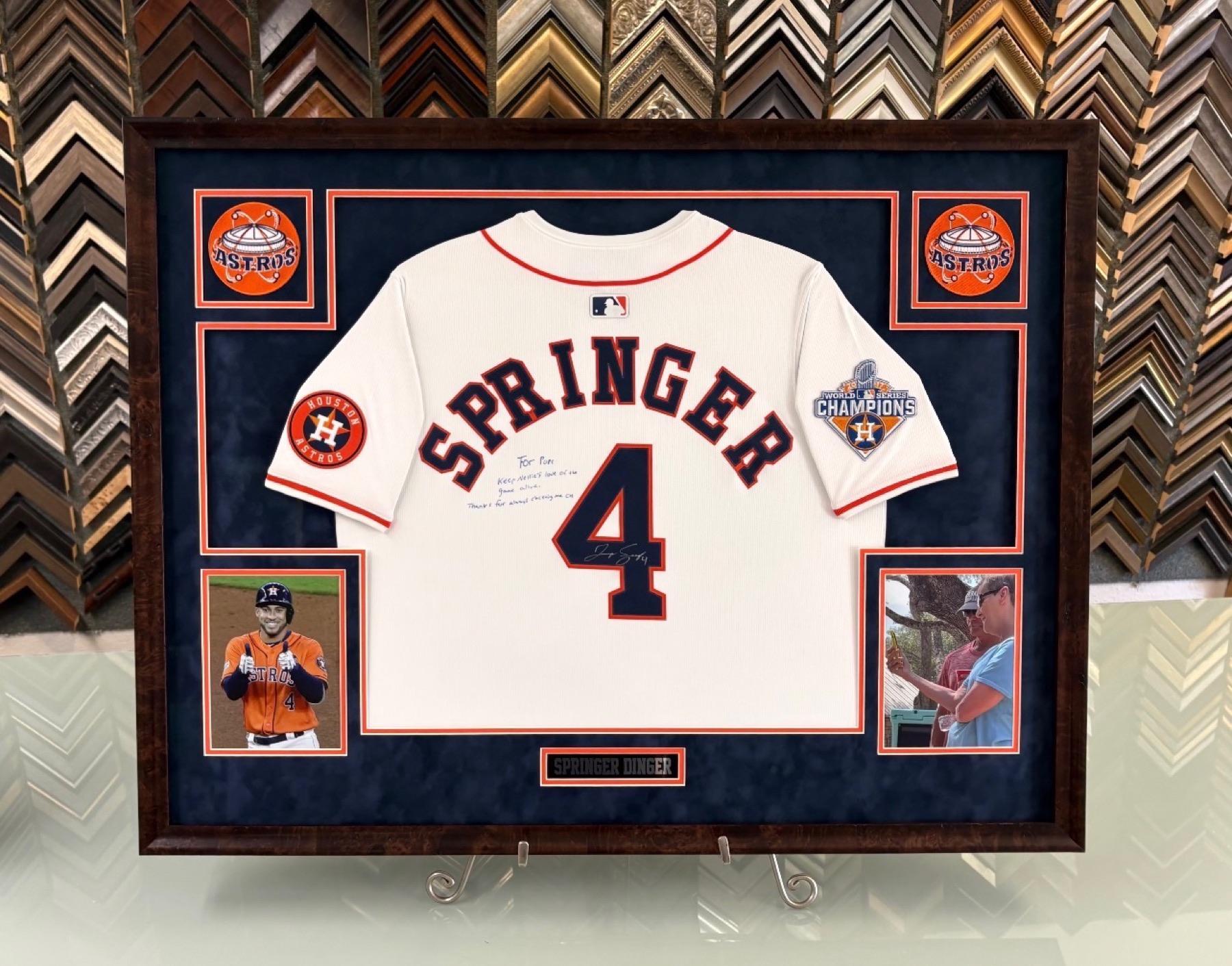 Custom-framed George Springer Houston Astros World Series Champions jersey shadowbox by The Frame Up in Ruston, Louisiana