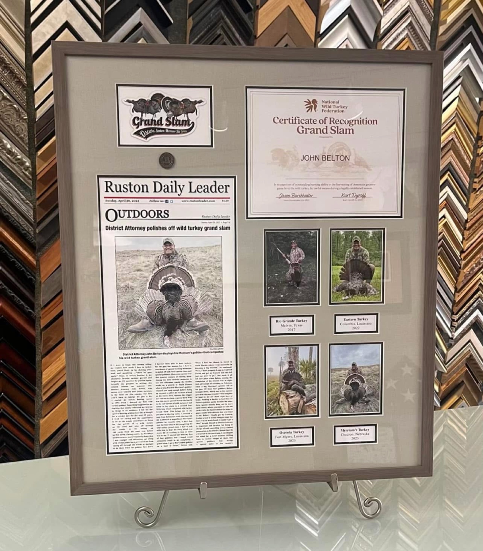 Wild turkey Grand Slam certificate and news clipping shadowbox custom-framed by The Frame Up in Ruston, Louisiana